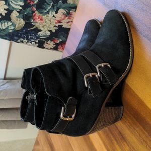 Black suede Dolce Vita stacked heel buckle booties, 11